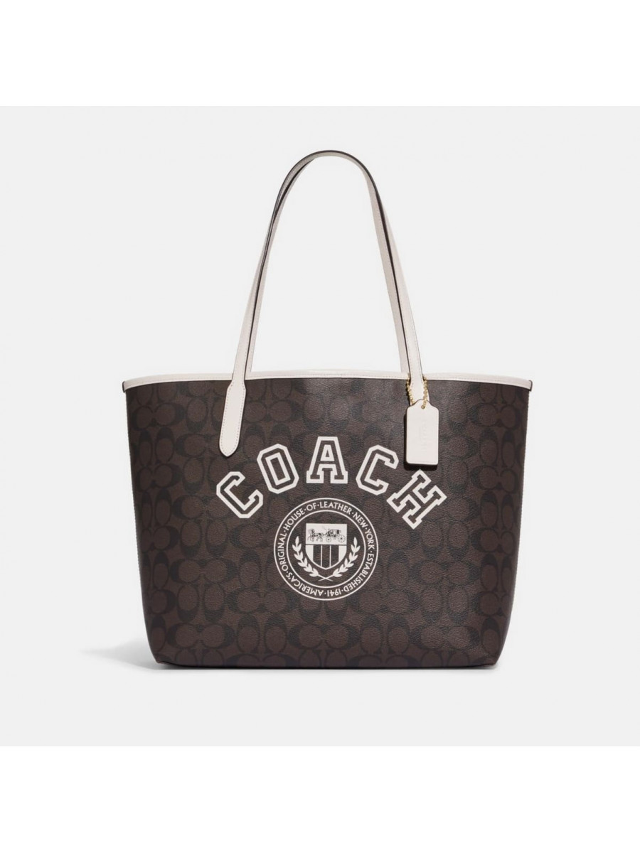 Сумка Coach City Tote In Signature Canvas With Varsity Motif (Brown/Chalk Multi) Coach