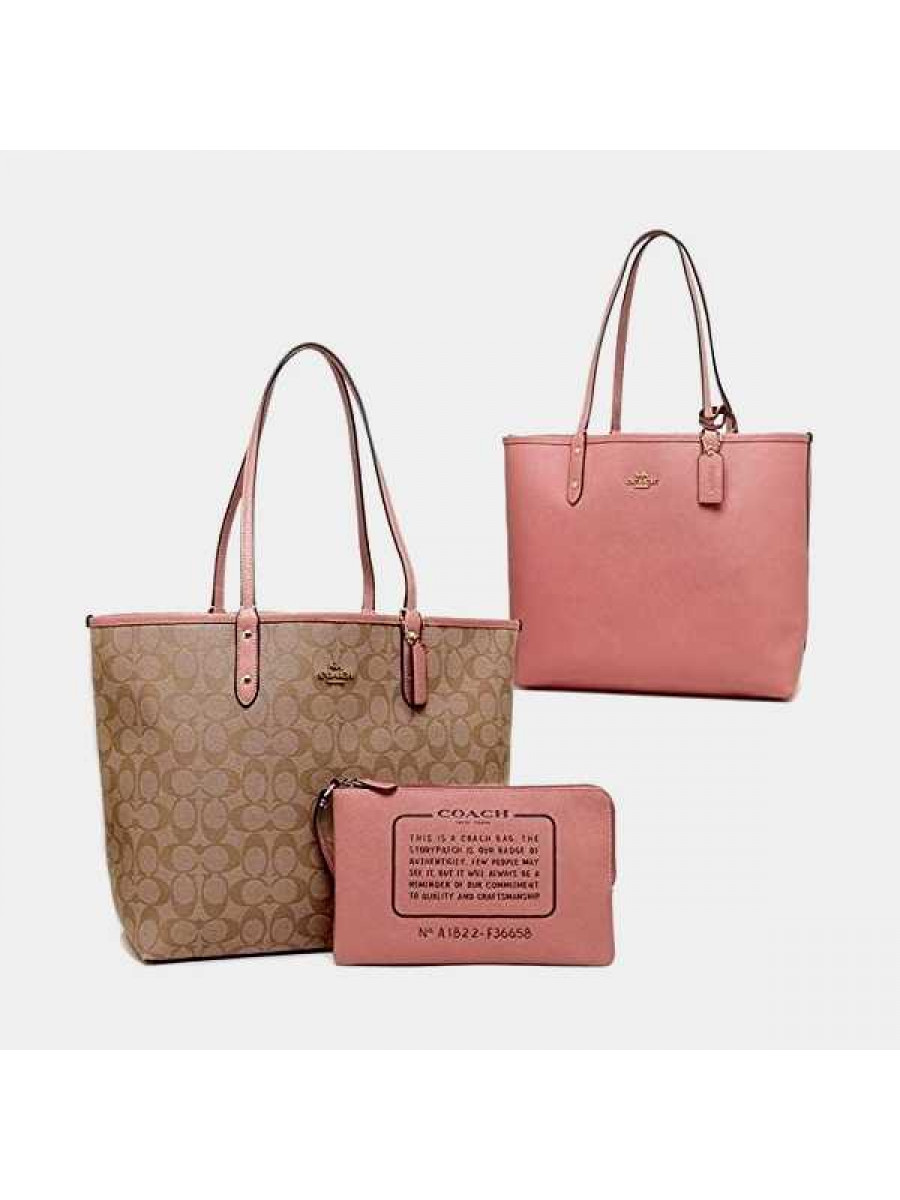 Сумка Coach Reversible City Tote In Signature Canvas (Khaki/Peony)(Золото)