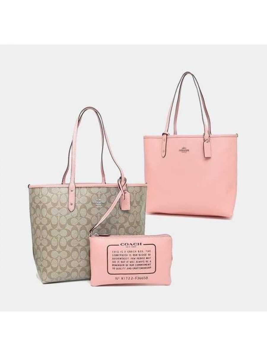 Сумка Coach Reversible City Tote In Signature Canvas (Khaki/Peony Light)(Серебро)