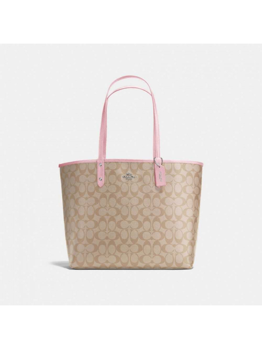 Сумка Coach Reversible City Tote In Signature Canvas (Khaki/Peony Light)(Серебро) Coach