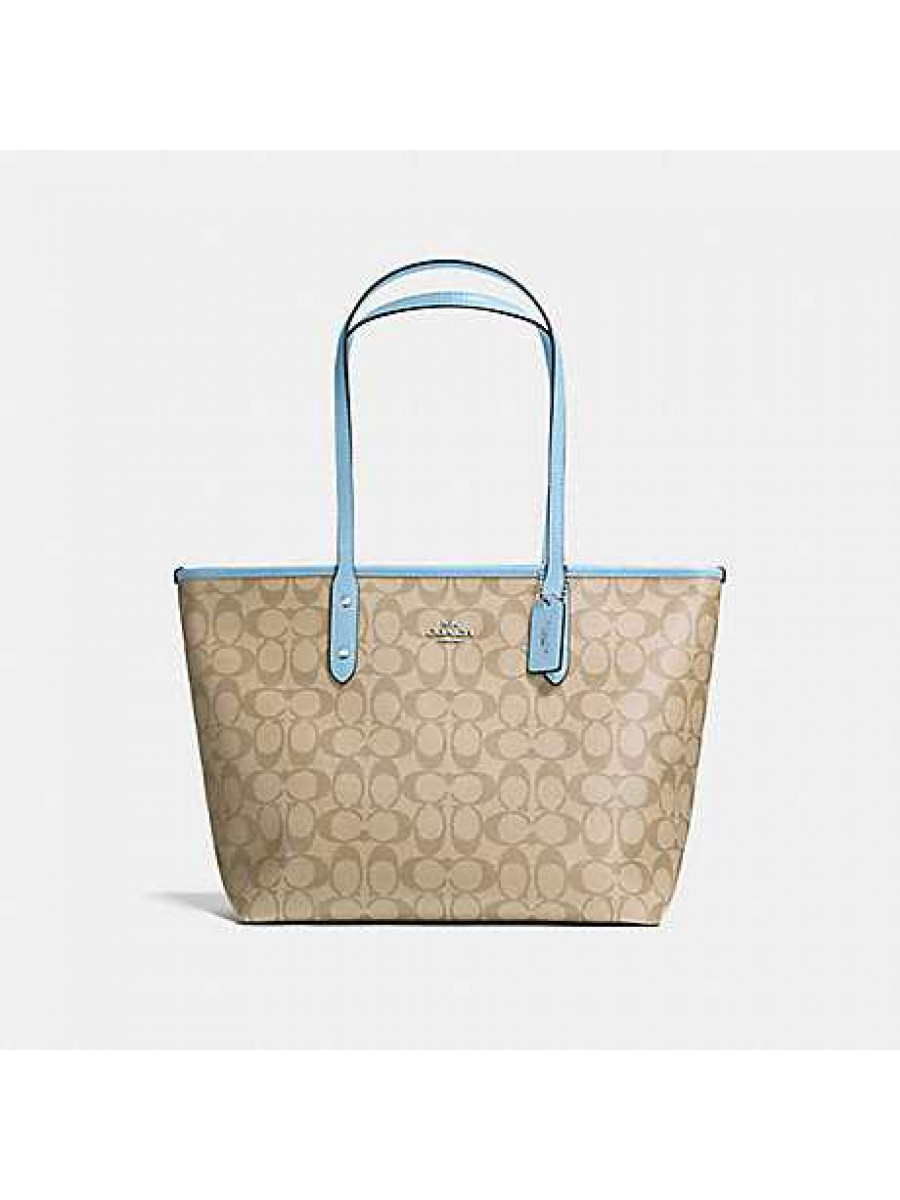 Сумка Coach Reversible City Tote In Signature Canvas (Khaki/Cornflower)(Серебро) Coach