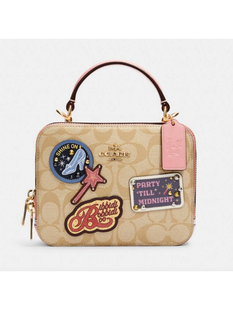 Сумка Disney X Coach Box Crossbody Purse Bag Cinderella Canvas Pink Patches Coach