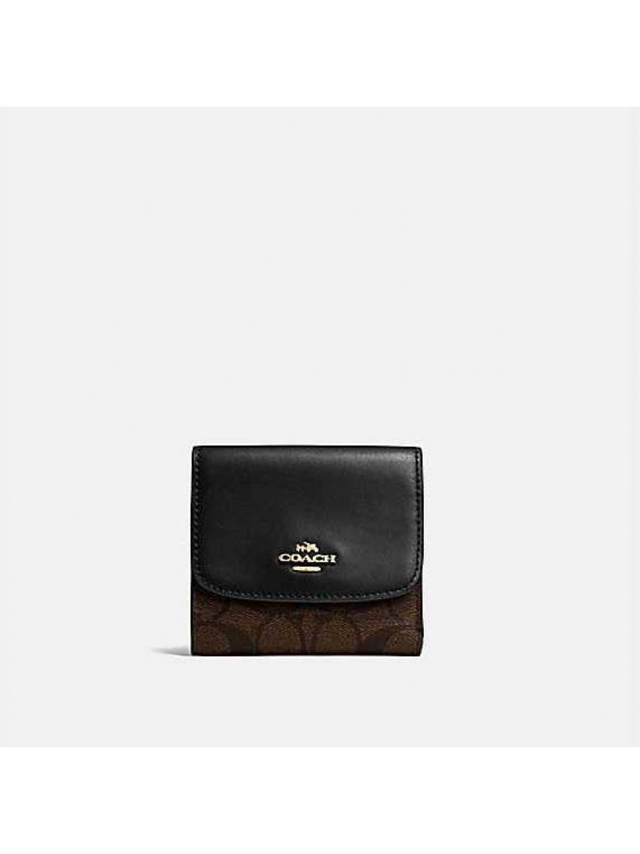 Кошелёк Coach Small Trifold Wallet In Signature Canvas (Brown/Black)(Золото) Coach