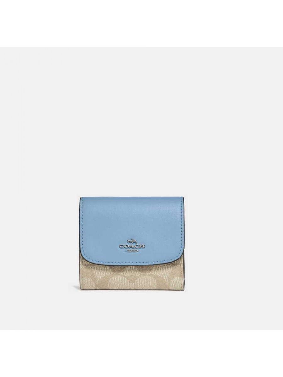 Кошелёк Coach Small Trifold Wallet In Signature Canvas (Khaki/Cornflower)(Золото) Coach