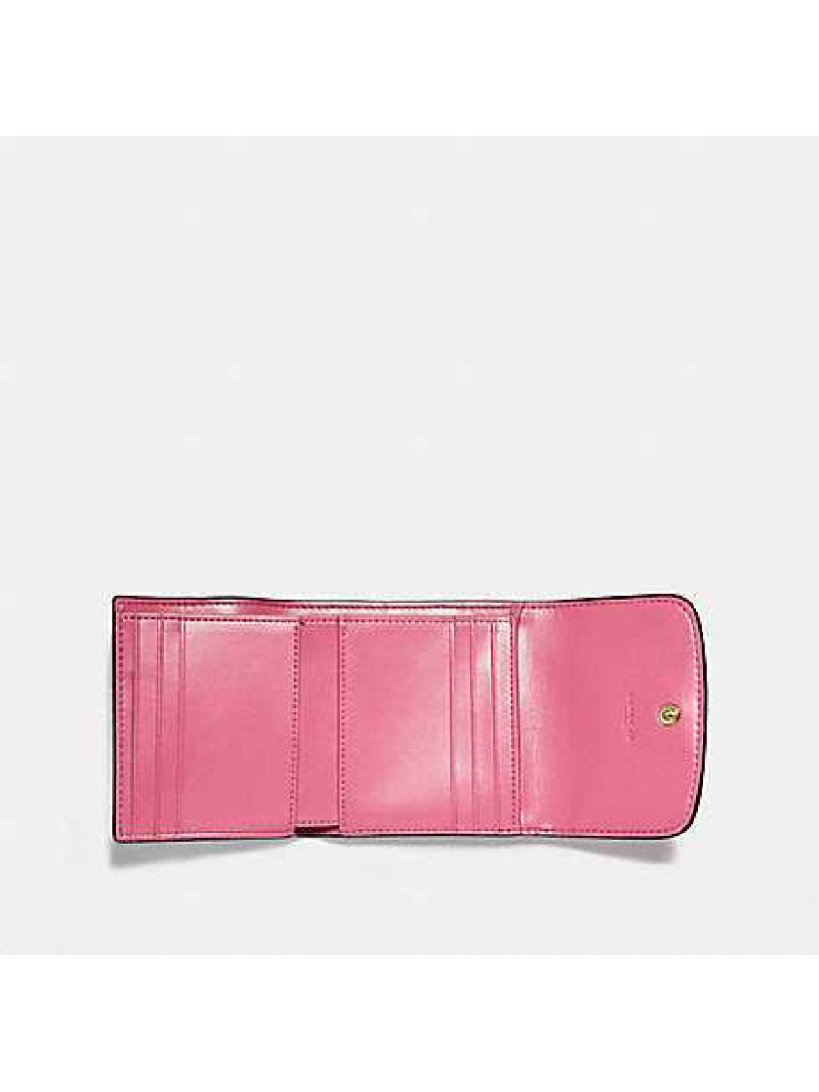 Кошелёк Coach Small Trifold Wallet In Signature Canvas (Khaki/Pink Ruby)(Золото)