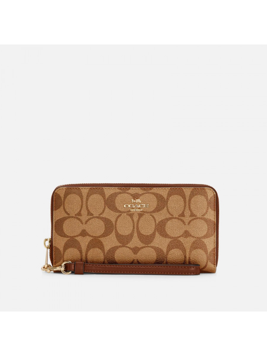 Кошелёк Coach Long Zip Around Wallet In Signature Canvas (Khaki/Saddle) Coach