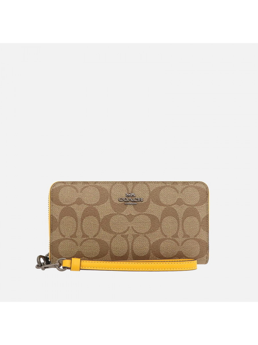 Кошелёк Coach Long Zip Around Wallet In Signature Canvas (Khaki/Retro Yellow) Coach